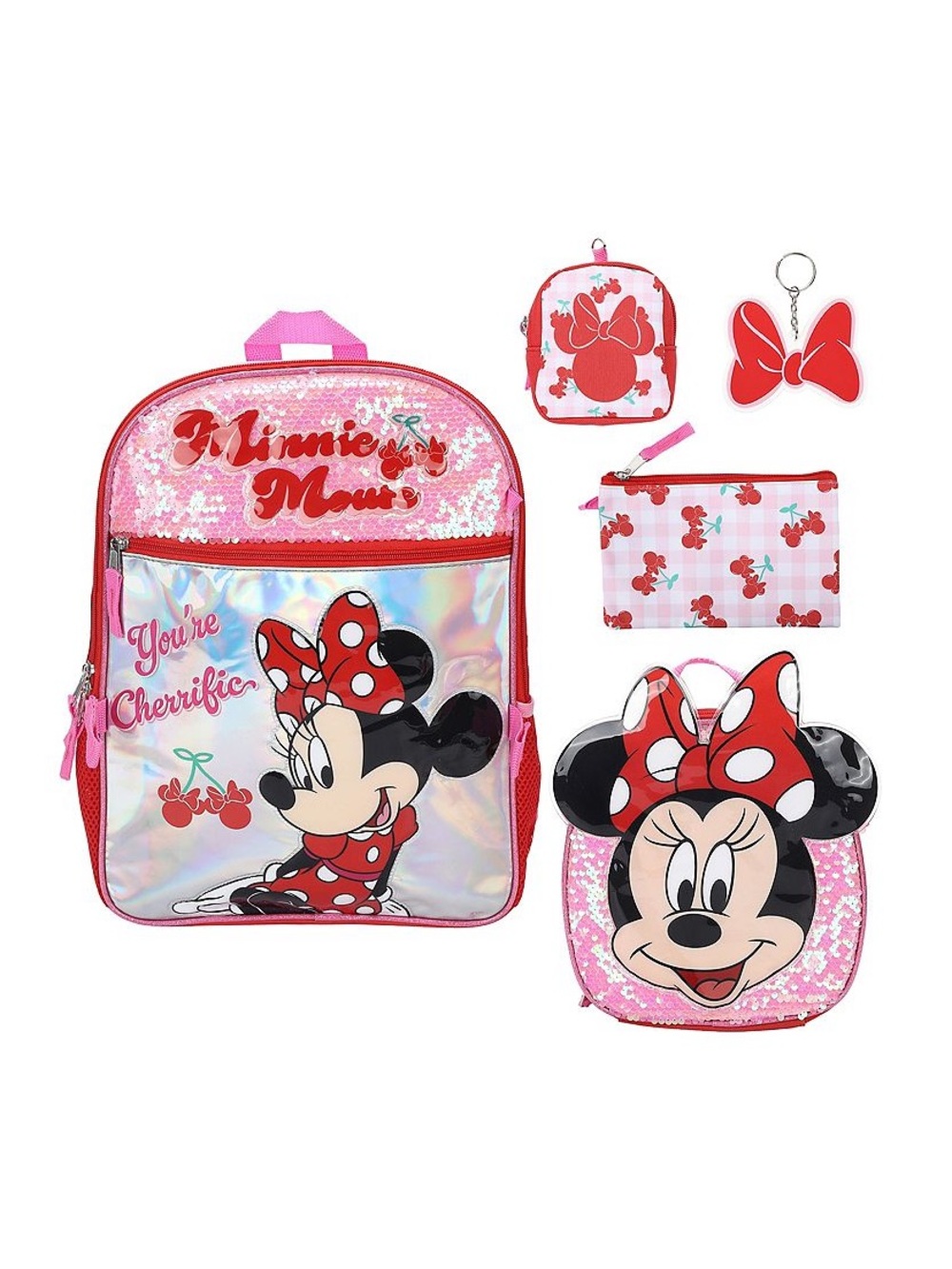Disney Minnie Mouse Pink 5 Piece Cherry Red Sequin Backpack and Accessories Set